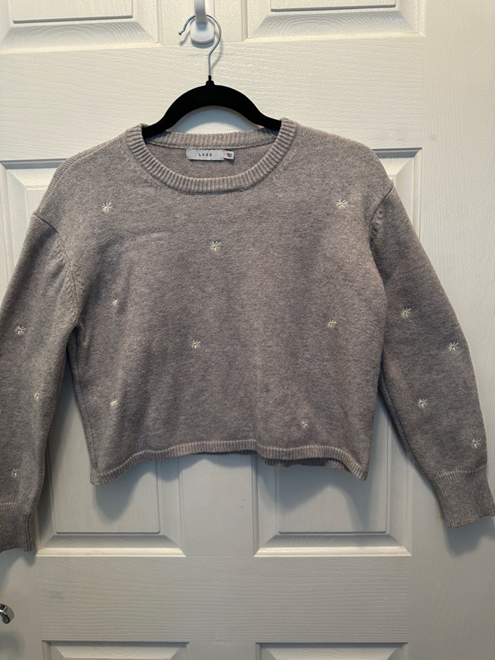 Lush Gray Crewneck Cropped Sweater with Tiny Flower  Embroidery